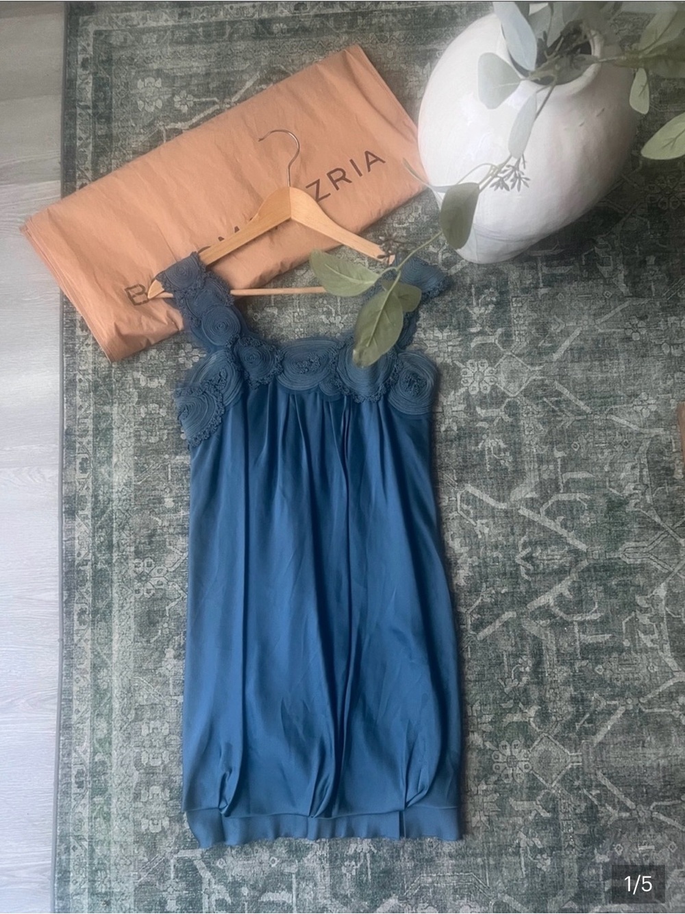 BCBGMaxAzria Teal Blue Silk Floral-Appliqué Sleeveless Dress/ Vintage